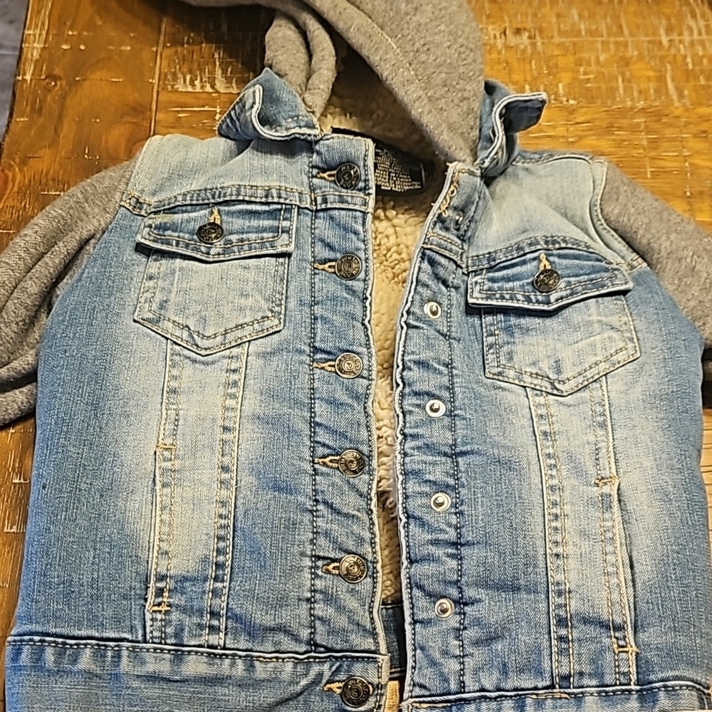 Denim and Gray Hooded Jacket